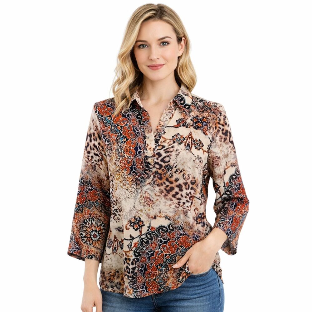 Chico’s Mixed Print Collared 3/4 Sleeve Pullover Top Size 2 (US 12)